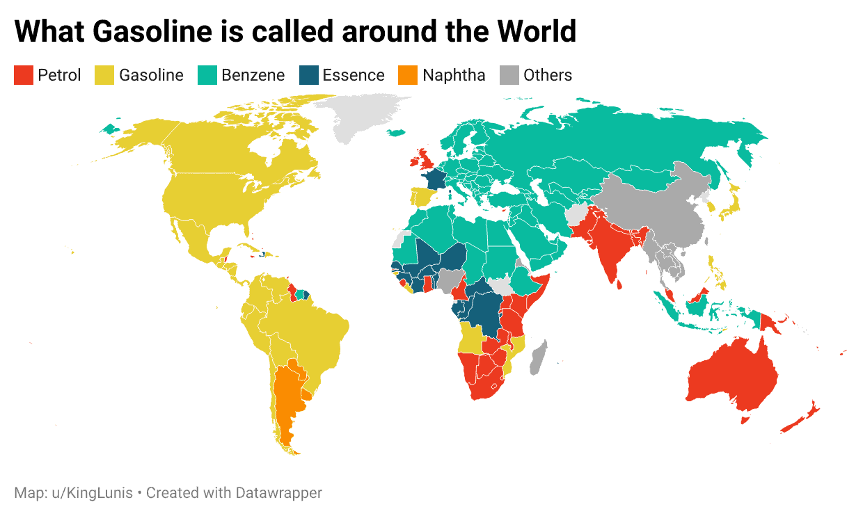 Gasoline vs Petrol map